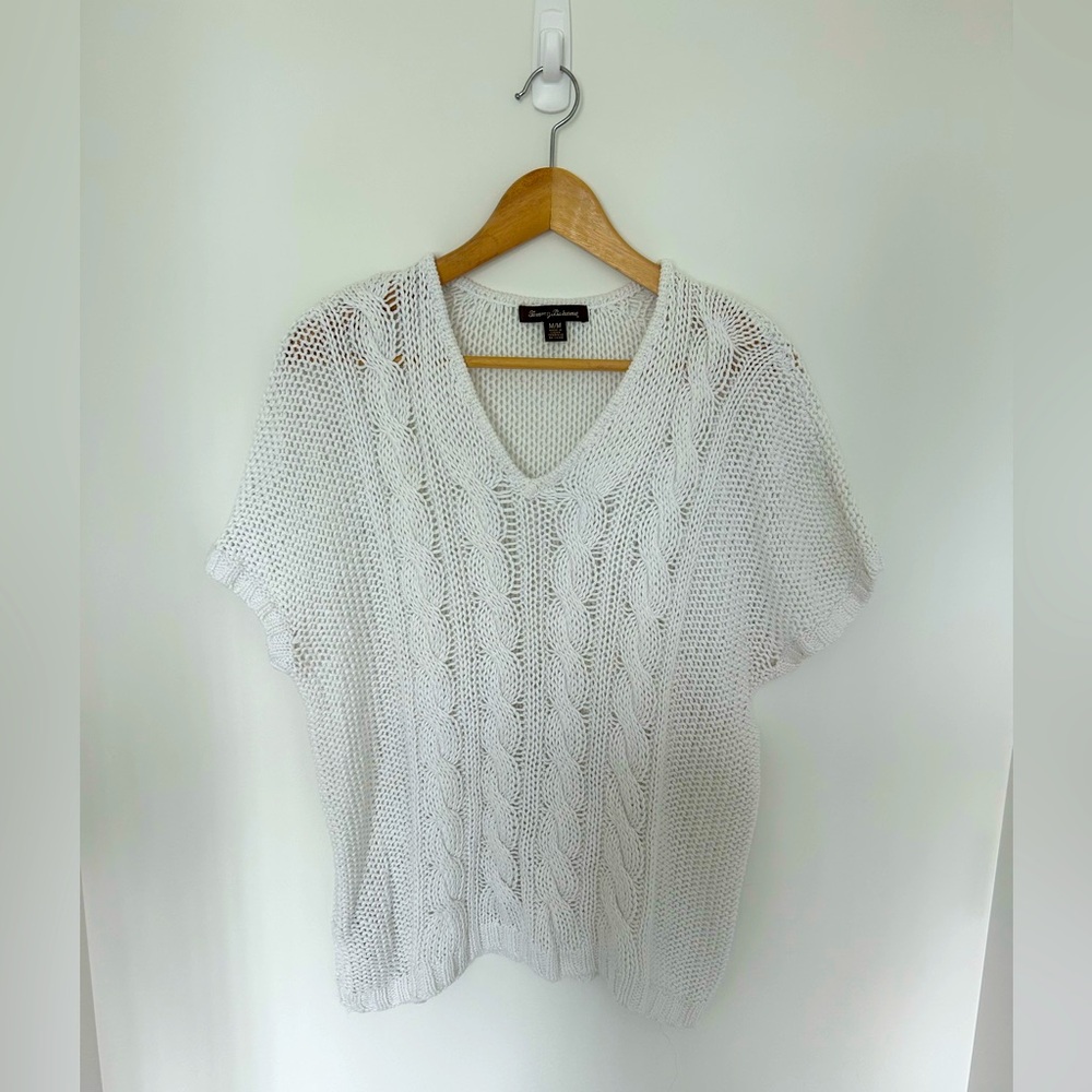 Tommy Bahama White Cotto Knit V-Neck Cable Short-Sleeve Sweater